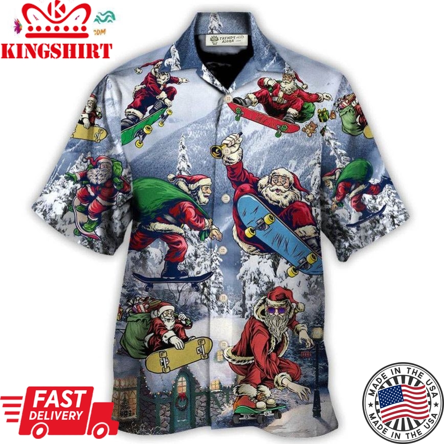 Christmas Santa Claus Skateboarding Snow Mountain Gift Light Art Style Hawaiian Shirt