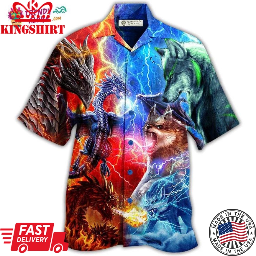 Dragon And Wolf Fighting Hawaiian Shirt