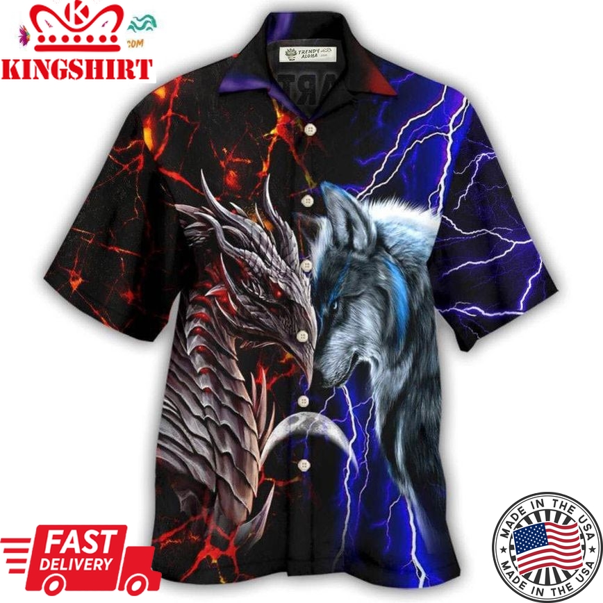 Dragon And Wolf Red And Blue Hawaiian Shirt