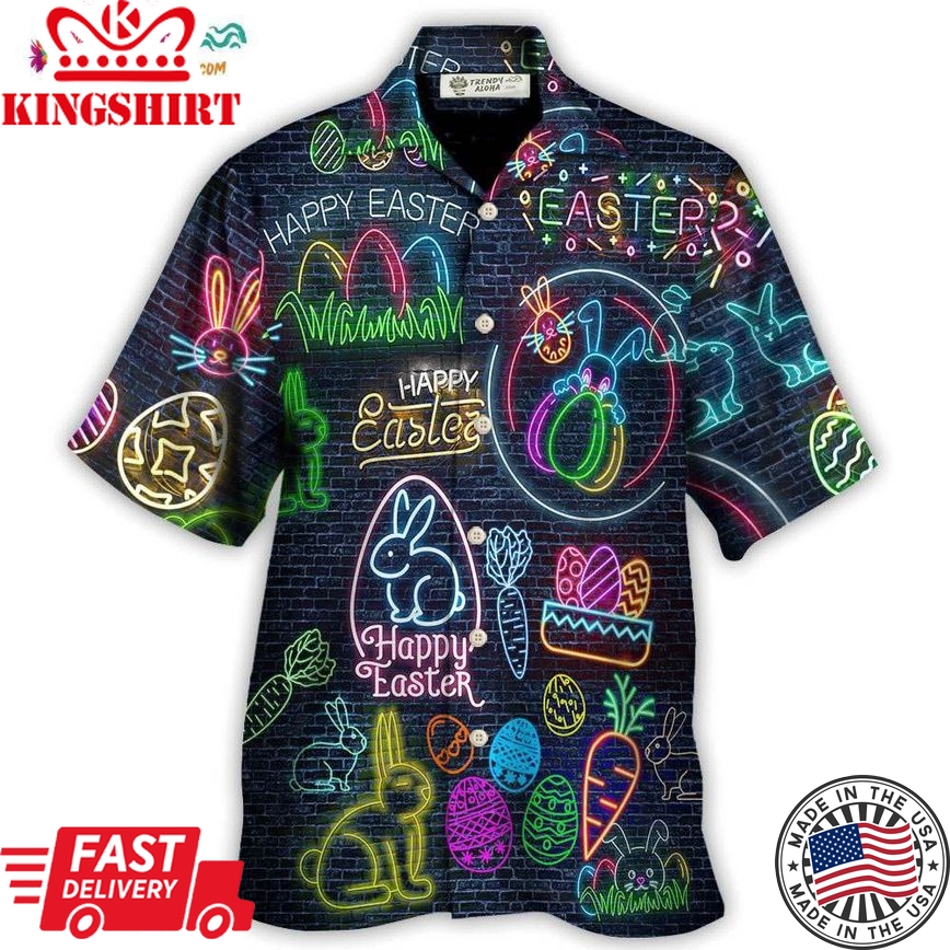 Easter Is Coming Rabbit Neon Style In Black Hawaiian Shirt