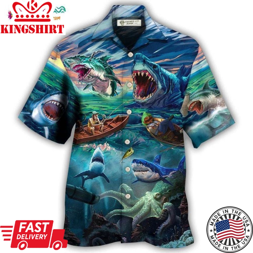 Fishing Shark Crazy Art Style Hawaiian Shirt