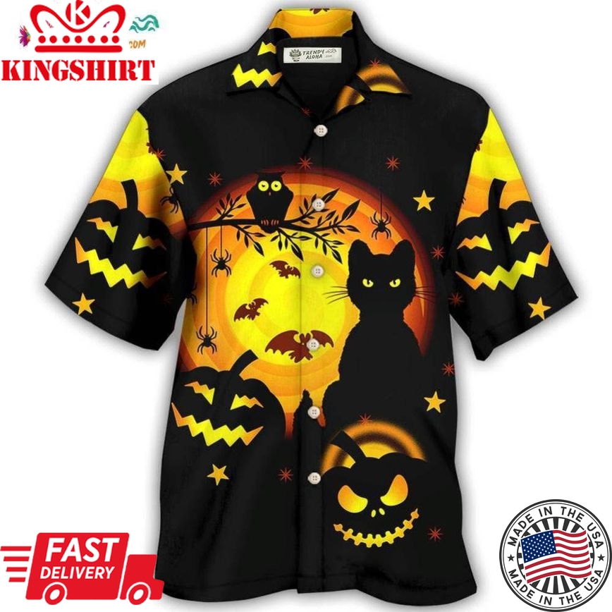 Halloween Awesome Black Cat And Pumpkin Hawaiian Shirt