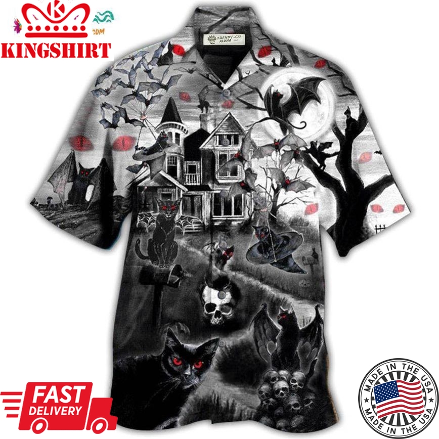 Halloween Black Cat Flying Horror Night Halloween Hawaiian Shirt