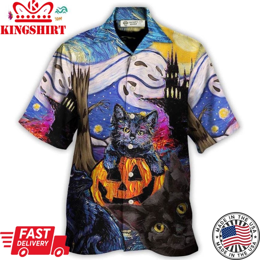 Halloween Black Cat Starry Night Funny Cat Painting Art Style Hawaiian Shirt