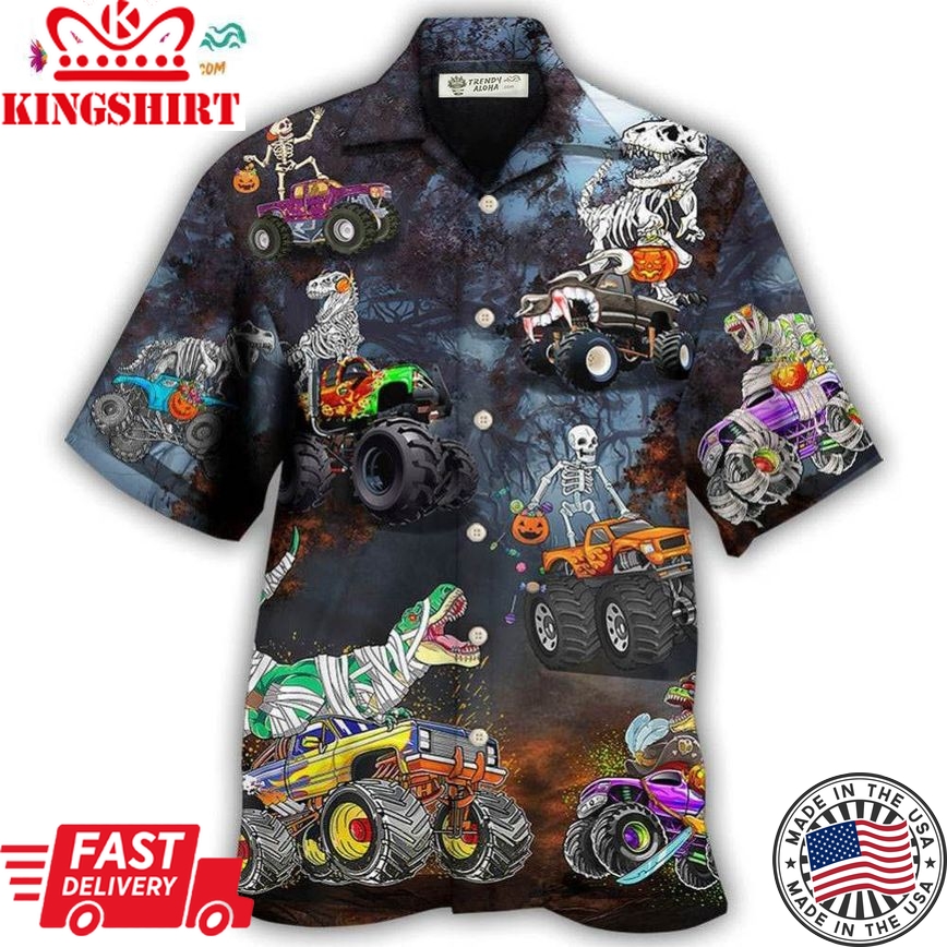 Halloween Skeleton Dinosaur Driving Monster Truck Hawaiian Shirt