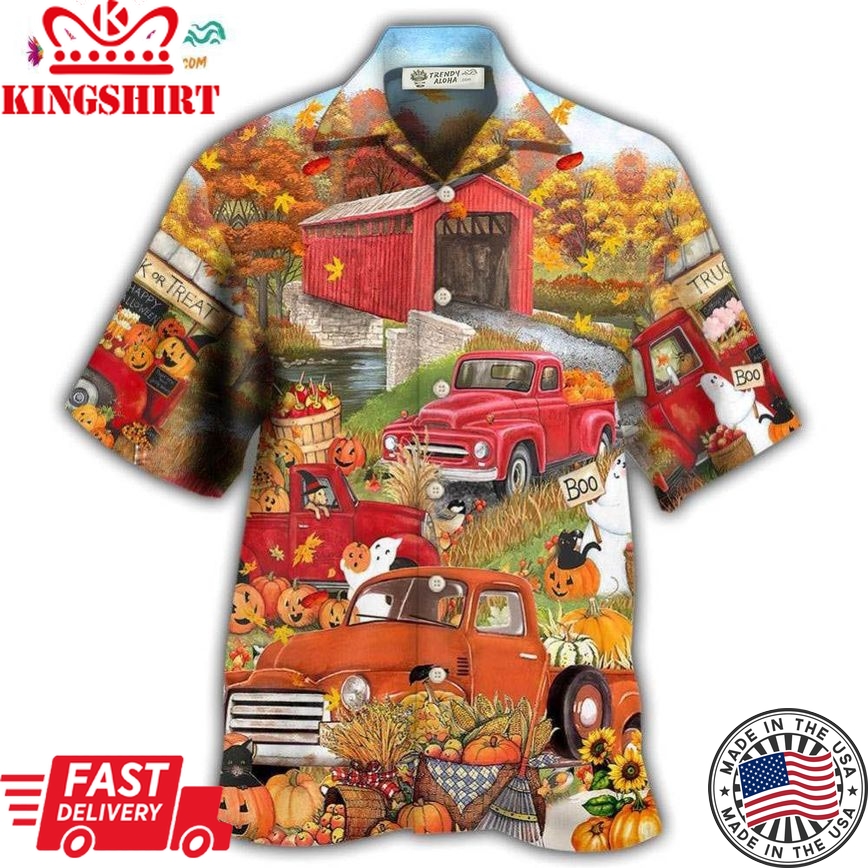 Halloween Truck With Pumpkin In Town Hawaiian Shirt