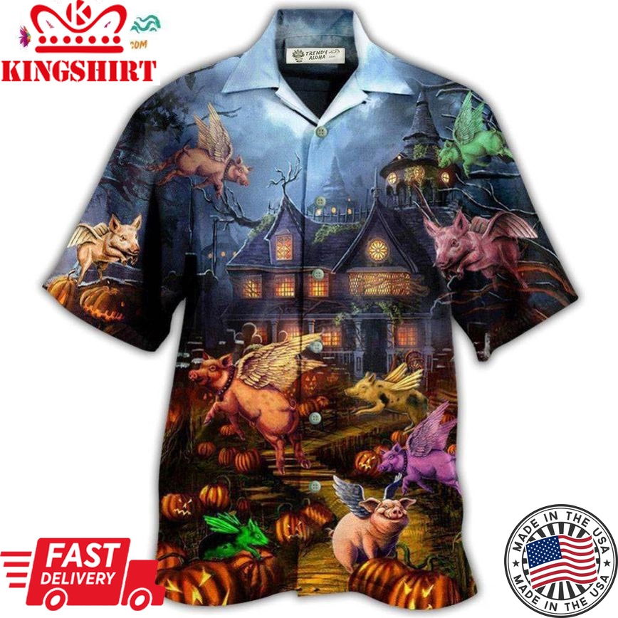 Halloween When Pigs Fly Night Hawaiian Shirt