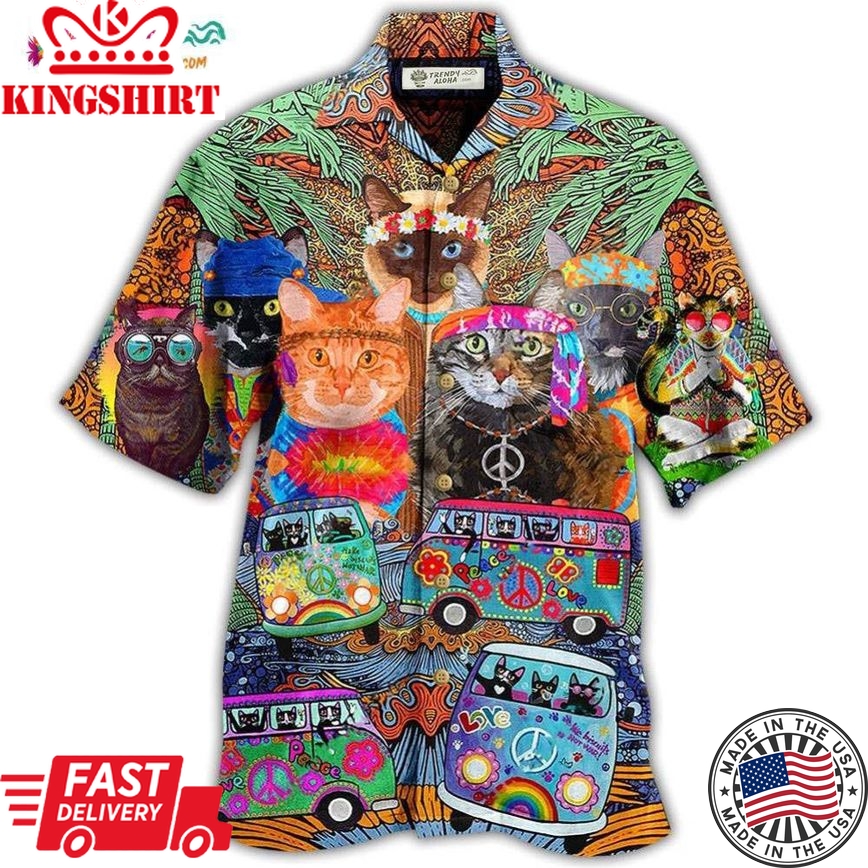 Hippie Cats Peace Love Life Color Hawaiian Shirt