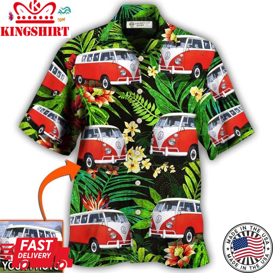 Hippie Van Volkswagen Camper Van Tropical Flower Custom Photo Hawaiian Shirt