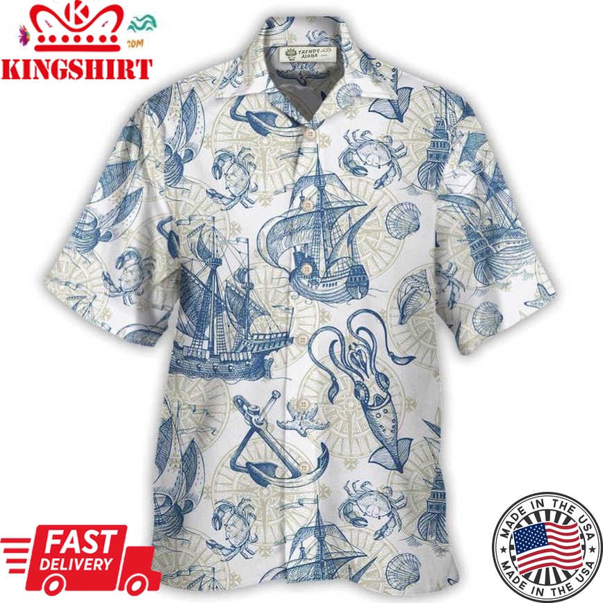 Ocean Life Vintage Sailboat Sea Monster Geographical Maps Hawaiian Shirt