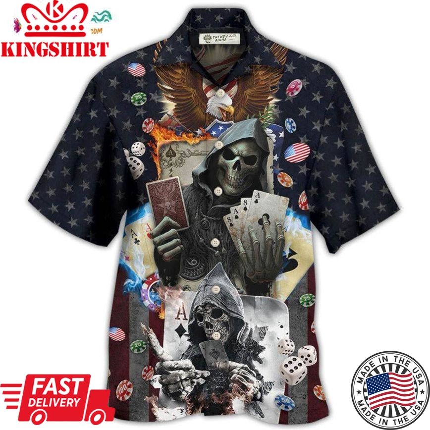 Poker Skull Flame Us Flag Independence Day Hawaiian Shirt