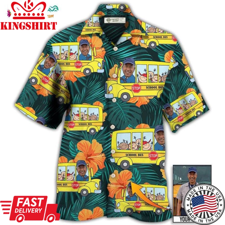 School Bus Driver Tropical Custom Photo Hawaiian Shirt