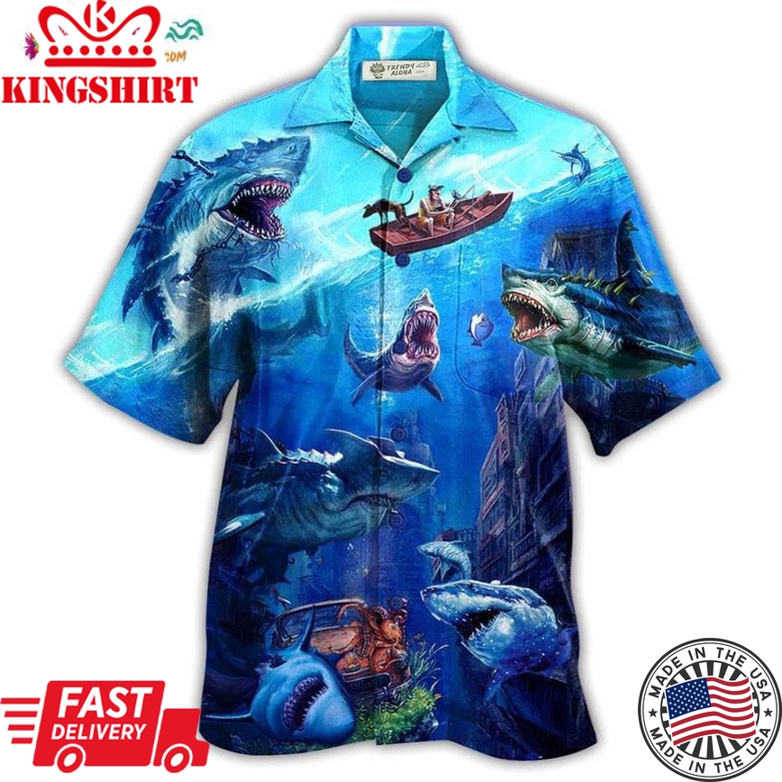 Shark Fishing Shark With Small Ship Blue Ocean Hawaiian Shirt