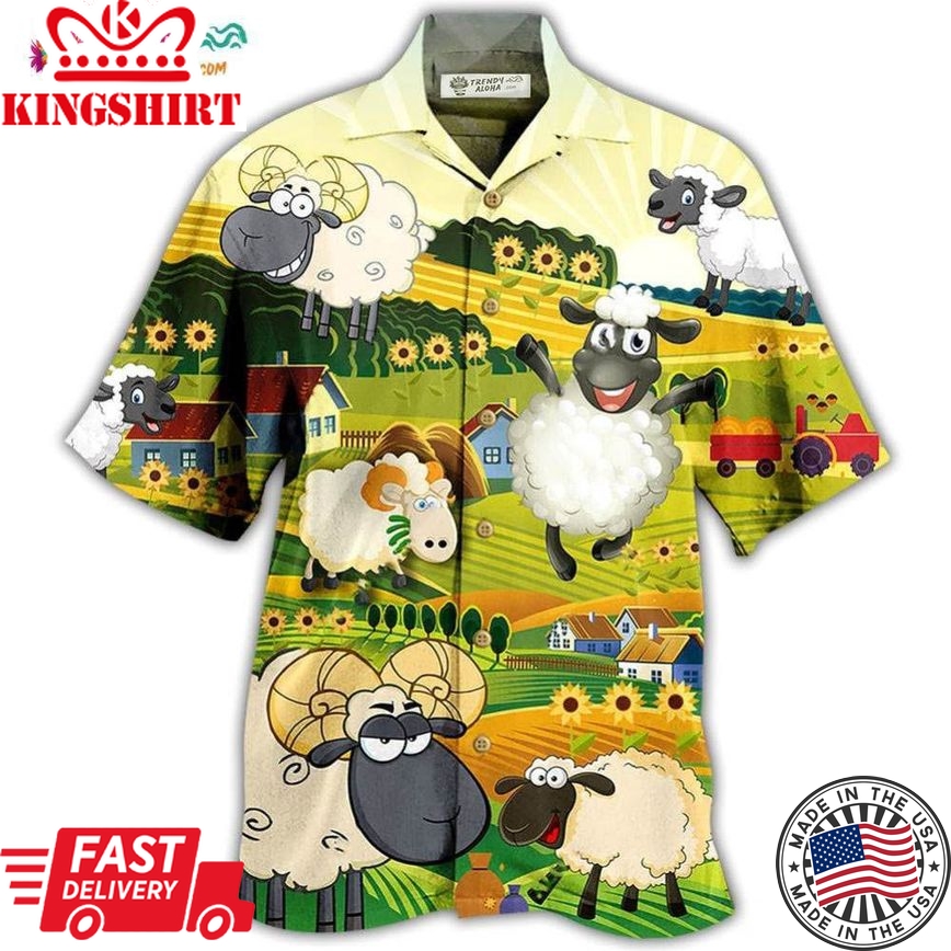 Sheep Happiness Sunflower Field Hawaiian Shirt