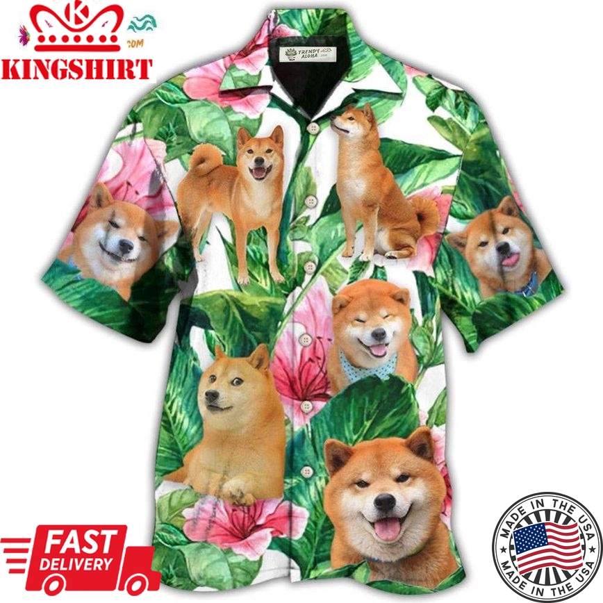 Shiba Inu Tropical Leaf Floral Style Hawaiian Shirt