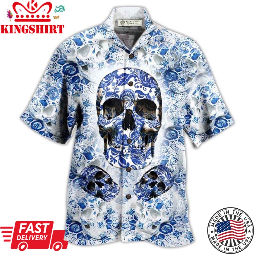 Skull Love Life Blue White Hawaiian Shirt