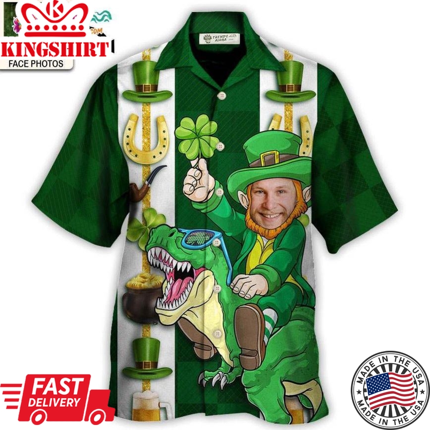 St Patrick'S Day Leprechaun Riding Dinosaur Funny Custom Photo Personalized - Hawaiian Shirt - Personalized Photo Gifts Hawaiian Shirt
