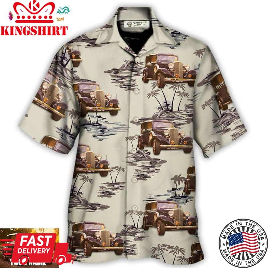 Vintage Car Deserted Island Pattern With Palm Trees Custom Photo Hawaiian Shirt