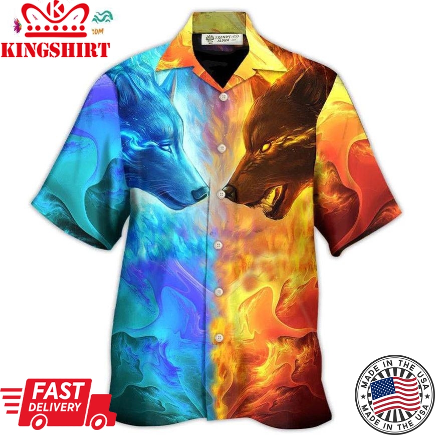 Wolf Couple And Fire Art Hawaiian Shirt