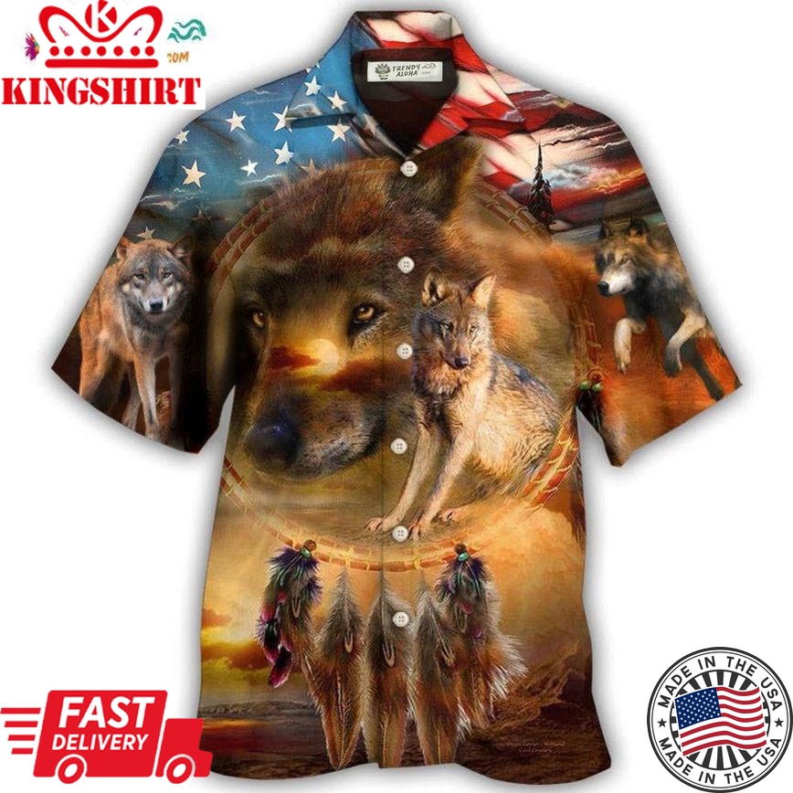 Wolf Independence Day Dreamcatcher American Flag Hawaiian Shirt
