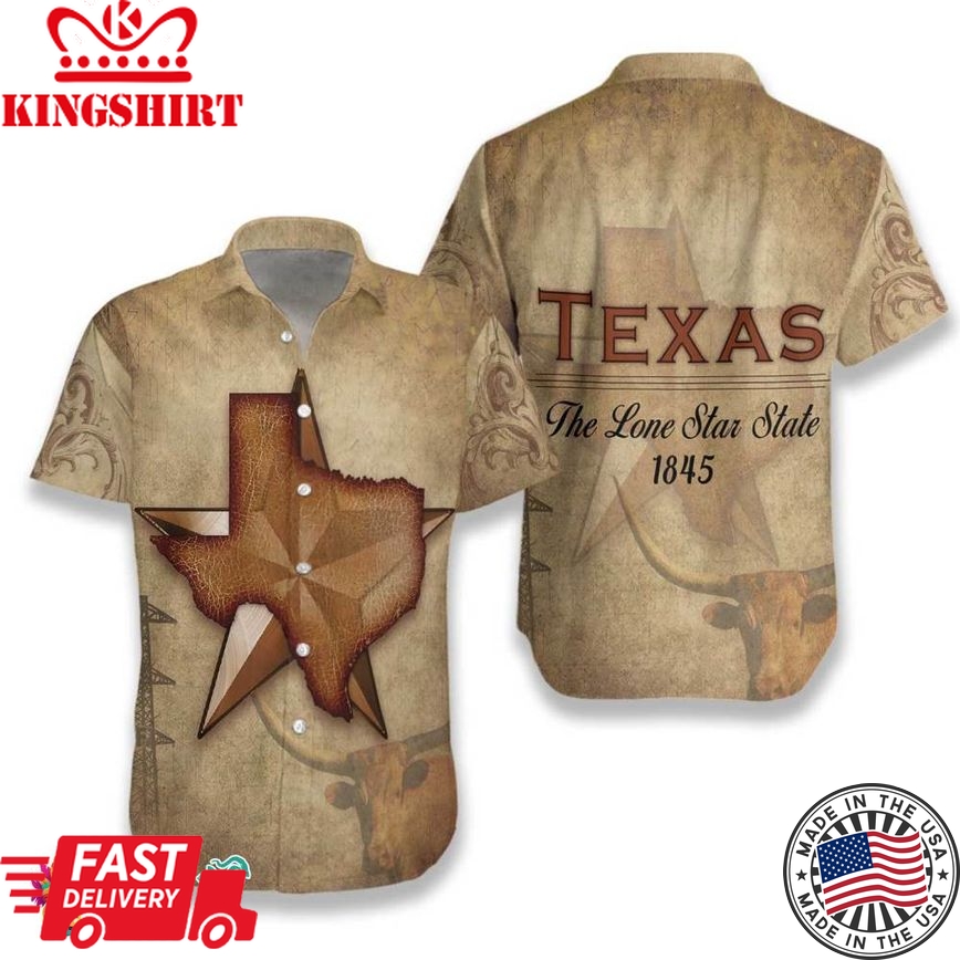 1845 The Lone Star State Texas Hawaiian Shirt For Men, Vintage Texas Longhorn Shirt, Proud Texas Shirt For Men