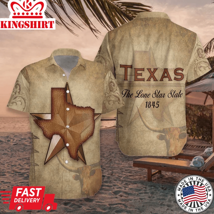 1845 The Lone Star State Texas Trendy Hawaiian Shirt For Men, Vintage Texas Longhorn Shirt, Proud Texas Shirt For Men