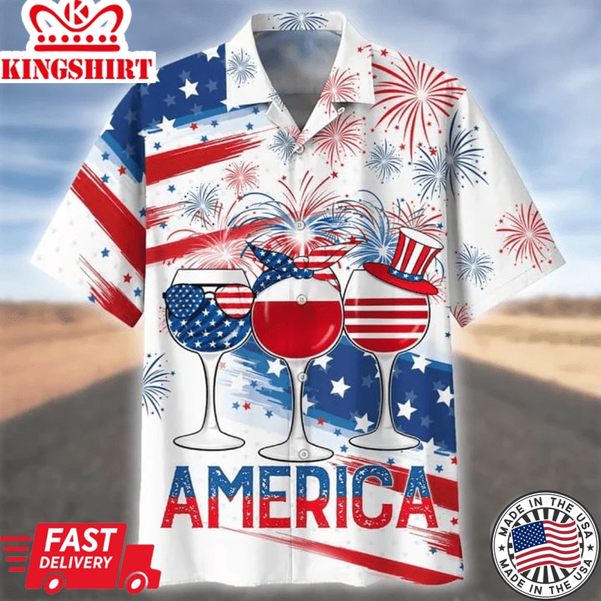 3D All Over Print Usa Trendy Hawaiian Shirt Glass Drinking Cheer Up Independence Day, America 4Th Of Jul Trendy Hawaiian Shirt