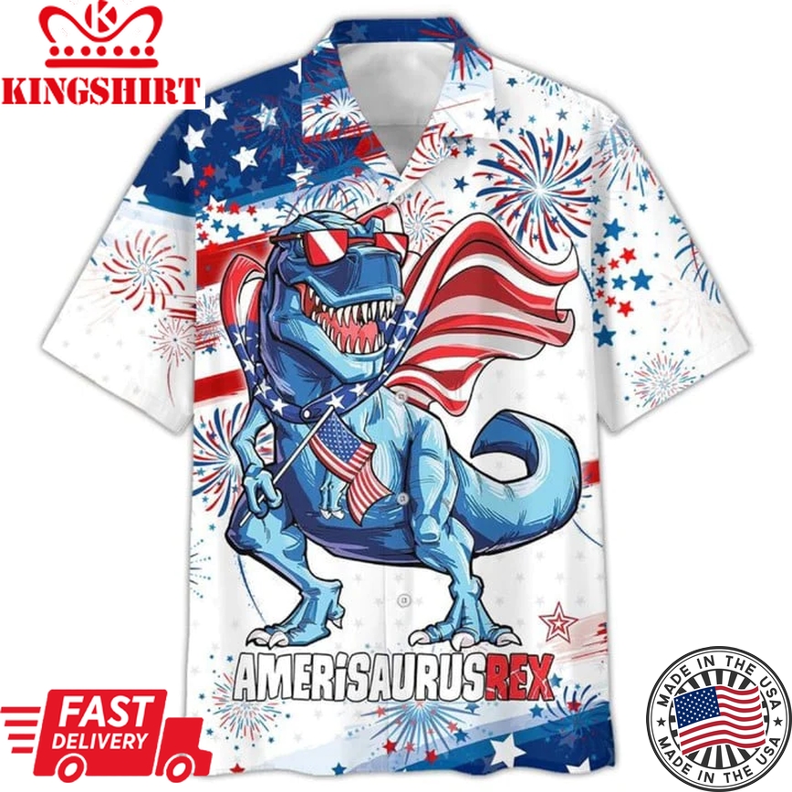 3D All Over Printed 4Th Of July Trendy Hawaiian Shirt, Amerisaurusrex Hawaii Beach Shirt, Saurus Usa Trendy Hawaiian Shirt, Trendy Hawaiian Shirt For Men