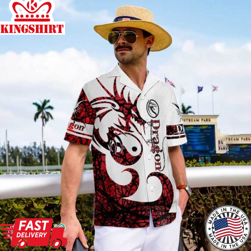 3D Dungeon Dragon Tattoo Hawaiian Shirt, White And Red Chinese Dragon Shirt