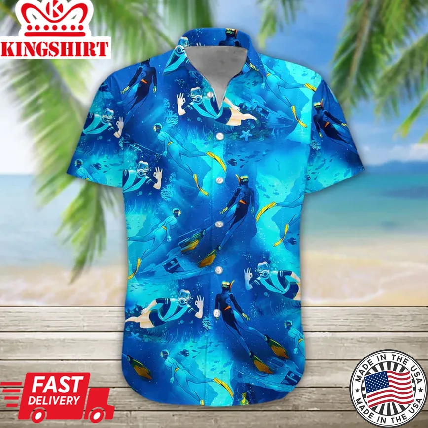 3D Freediving Hawaii Shirt, Trendy Hawaiian Shirts For Men Print Button Down Shirt