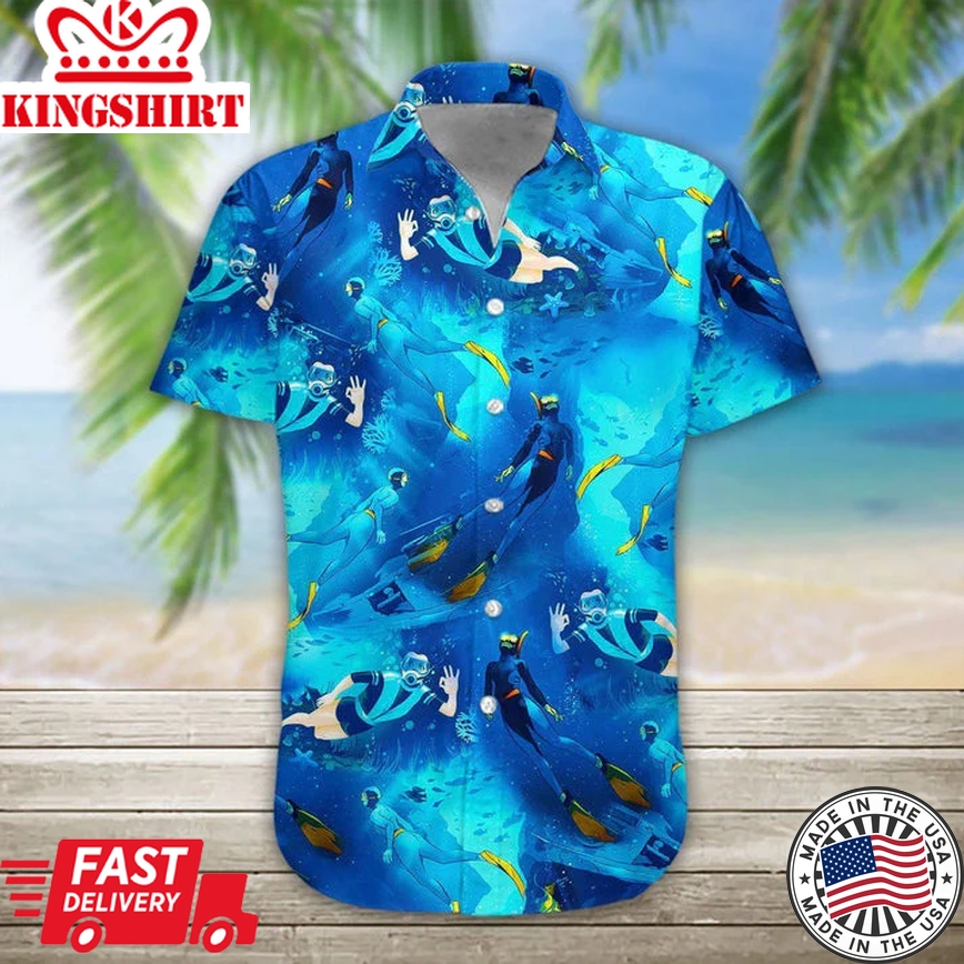 3D Freediving Hawaii Shirt, Trendy Hawaiian Shirts For Men Short Sleeve Aloha Beach Shirt