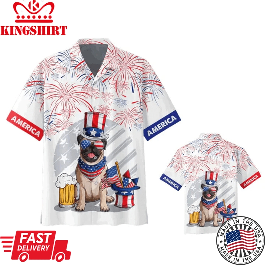 3D Full Print Independence's Day Trendy Hawaiian Shirt, Pug And Beer Hawaii Summer Beach Shirt, 4Th Of Jul Hawaii Dog Shirt