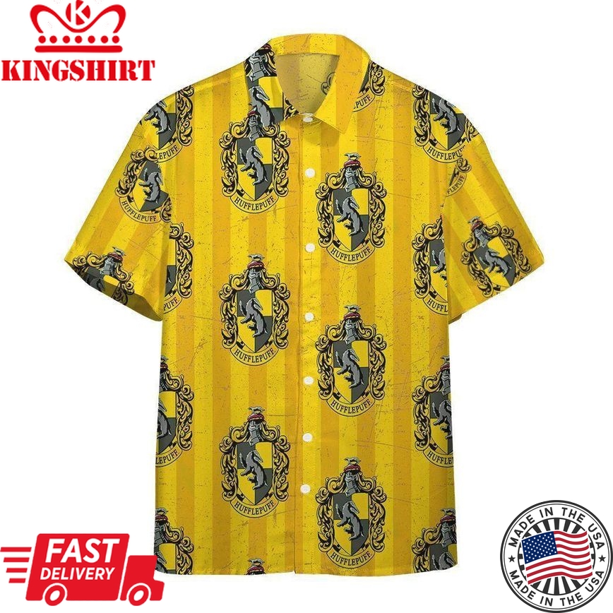 3D Harry Potter Hogwarts Hufflepuff House Pride Crests Custom Hawaii Shirt Aloha Shirt For Summer