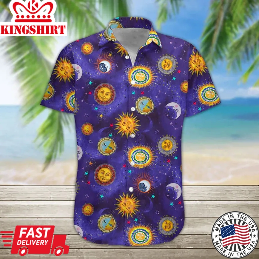 3D Sun And Moon Hippie Hawaii Shirt, Trendy Hawaiian Shirts For Men Print Button Down Shirt