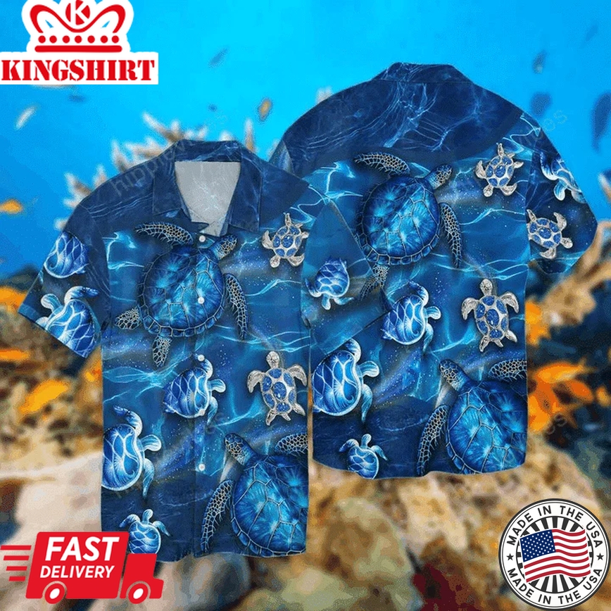 3D Turtles Blue Trendy Hawaiian Shirt, Gift For Turtle Lovers