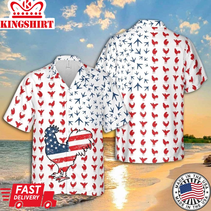 4Th July Rooster American Flag Unisex Trendy Hawaiian Shirts, Chicken Lover Trendy Hawaiian Shirt For Summer Gifts