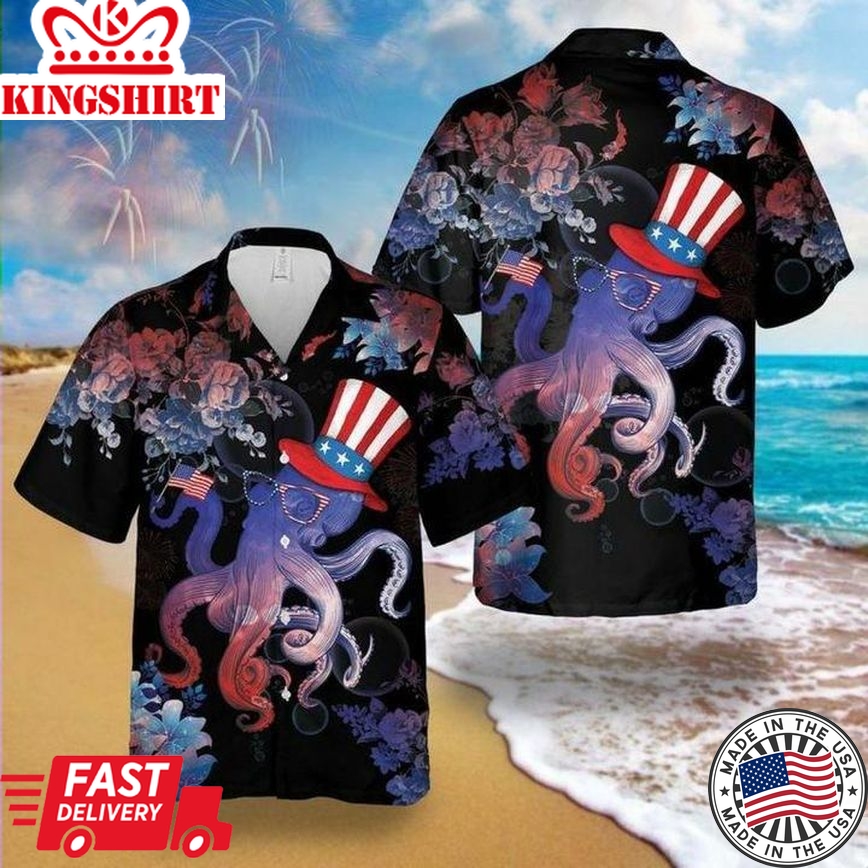 4Th Of July Hawaiian Shirt Octopus Celebrates 4Th Of July Flower Black Hawaii Shirt 4Th Of July Aloha Shirt