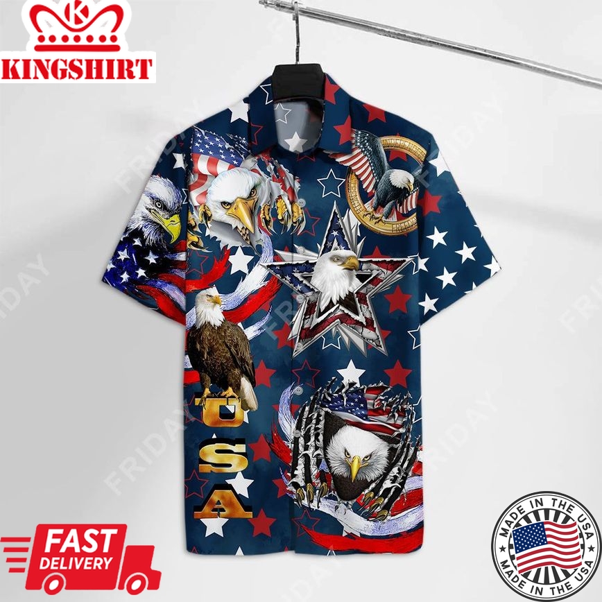 4Th Of July Hawaiian Shirt Usa Flag Star Eagle Blue Hawaii Shirt 4Th Of July Aloha Shirt