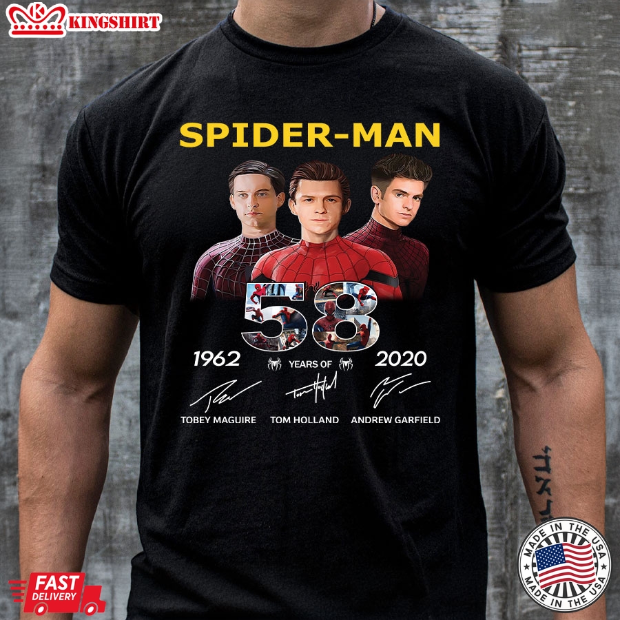 58 Years Of Spider-man Tobey Maguire Tom Holland Andrew Garfield Singatures T-Shirt