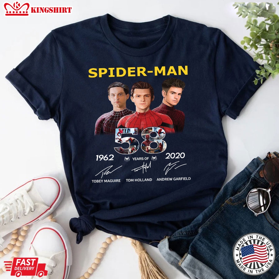 58 Years Of Spider-man Tobey Maguire Tom Holland Andrew Garfield Singatures T-Shirt