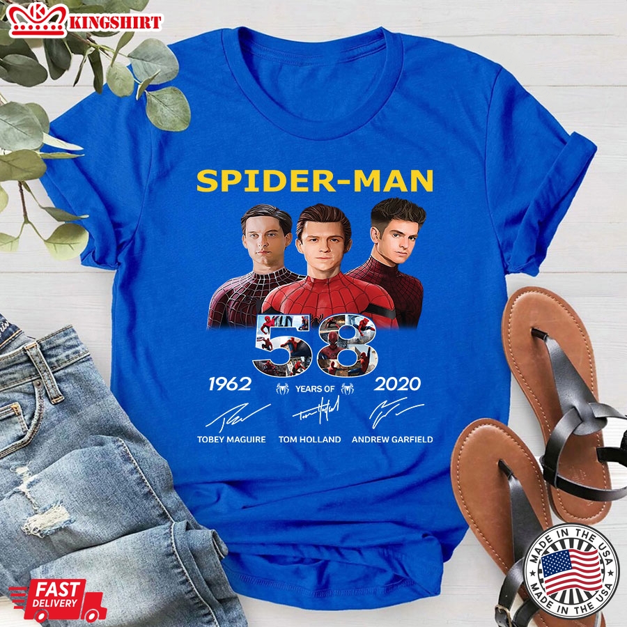 58 Years Of Spider-man Tobey Maguire Tom Holland Andrew Garfield Singatures T-Shirt