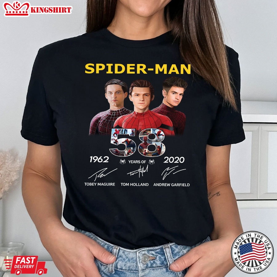 58 Years Of Spider-man Tobey Maguire Tom Holland Andrew Garfield Singatures T-Shirt