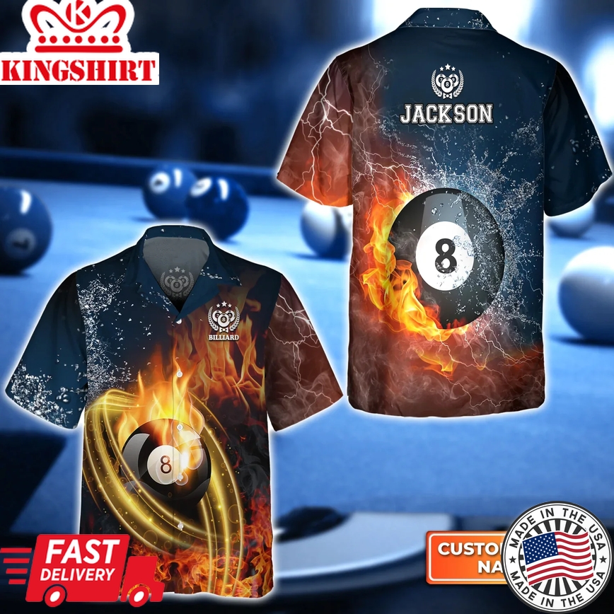 8 Ball Billiard On Fire Personalized Name 3D Trendy Hawaiian Shirt, Gift For Billiard Players