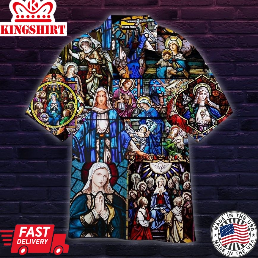 &8220;Mary's Coronation&8221; Religious Stained Glass Jesus Aloha Hawaiian Shirt