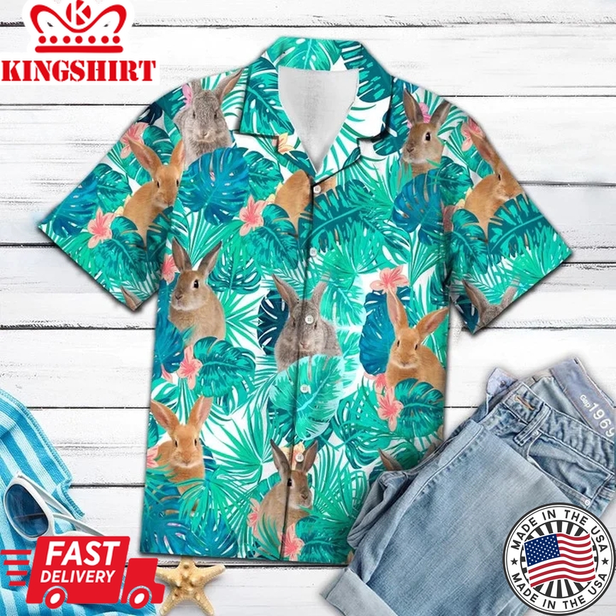 Adorable Rabbit Tropical Lost In Lively Palm Leaves Trendy Hawaiian Shirt, Summer Aloha Hawaii Shirt For Men Women