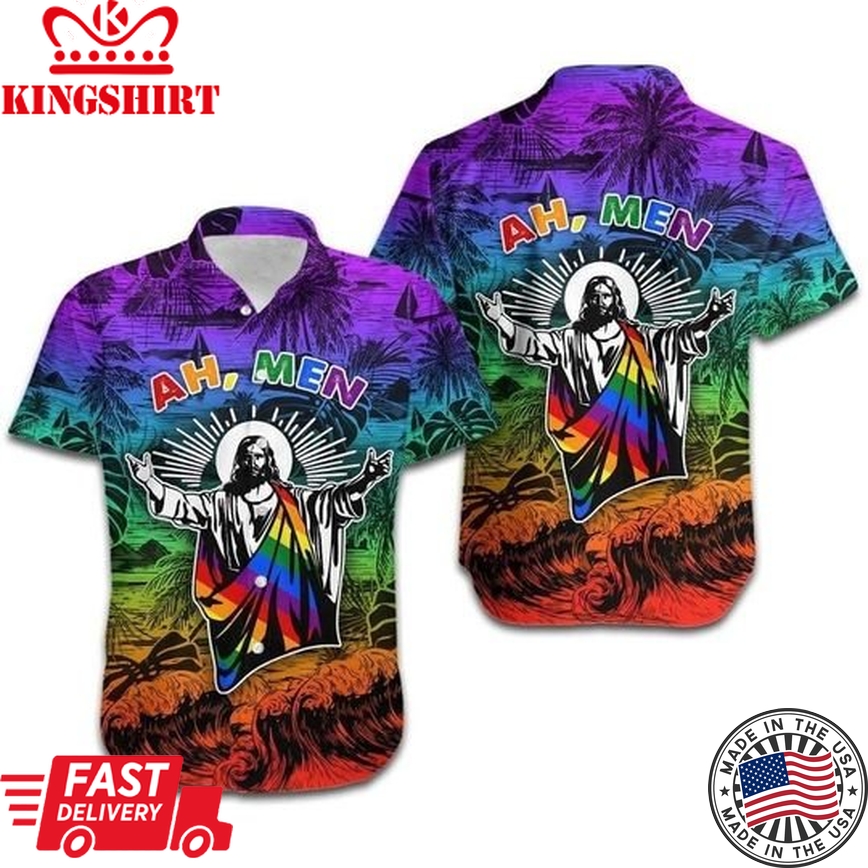 Ah Men Funny Jesus Lgbt Pride Aloha Hawaiian Shirt, Lgbtqia2S Hawaiian Shirt