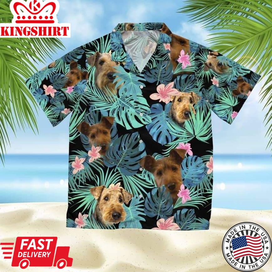 Airedale Terrier Trendy Hawaiian Shirt, Dog Summer Leaves Trendy Hawaiian Shirt, Unisex Print Aloha Short Sleeve Casual Shirt Summer Gifts