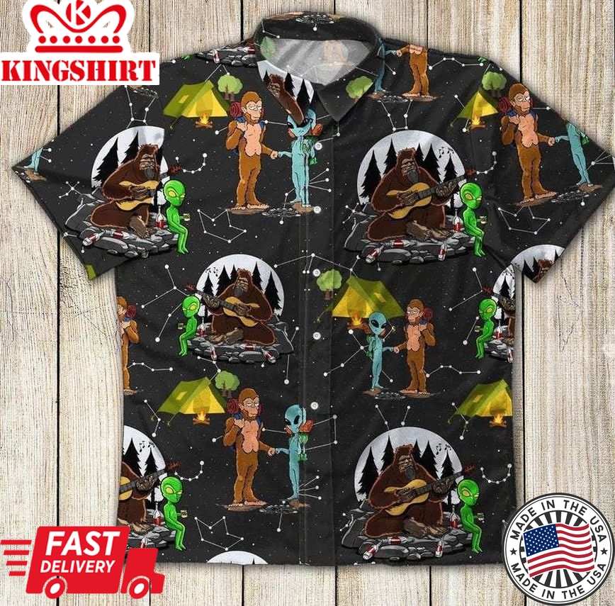 Alien Camping Hawaiian Shirt Alien Camping With Bigfoot Pattern Black Hawaii Aloha Shirt