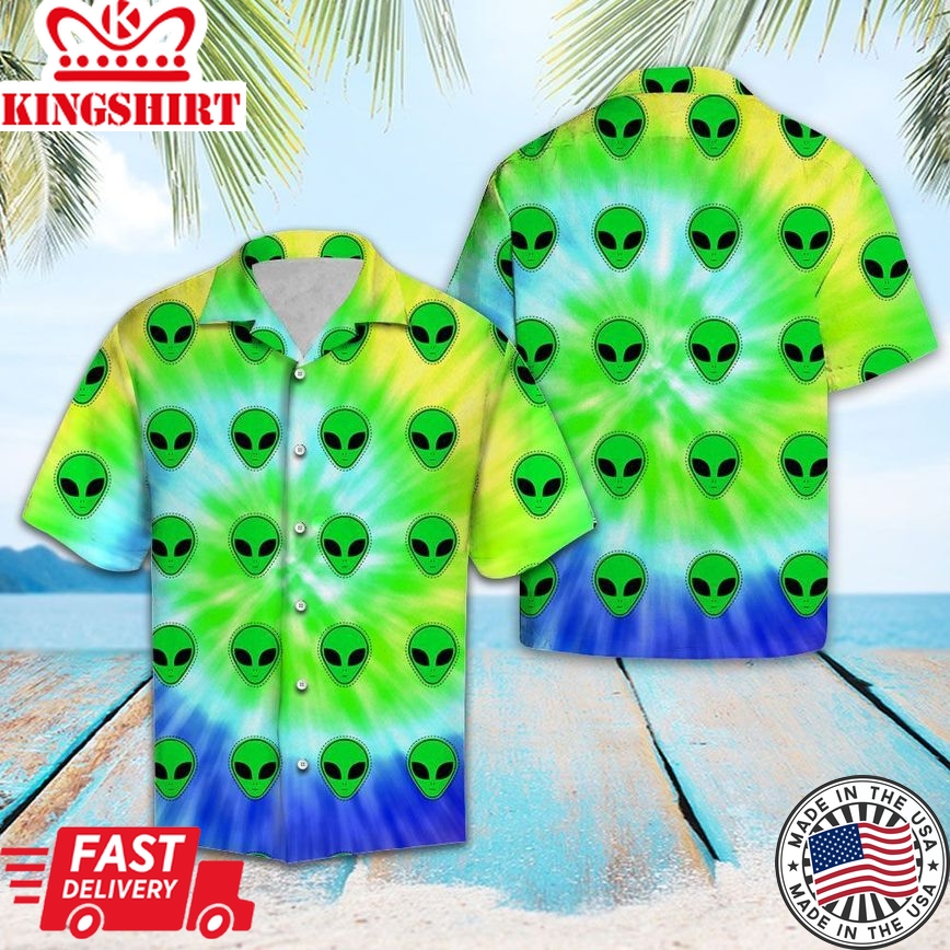 Alien Hawaiian Shirt Alien Head Pattern Green Blue Tie Dye Hawaii Shirt Alien Aloha Shirt