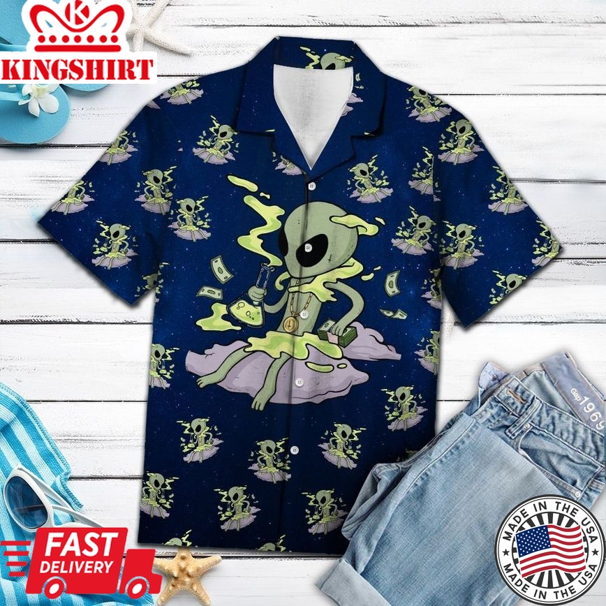 Alien Hawaiian Shirt Alien Money Pattern Navy Blue Hawaii Shirt Alien Aloha Shirt